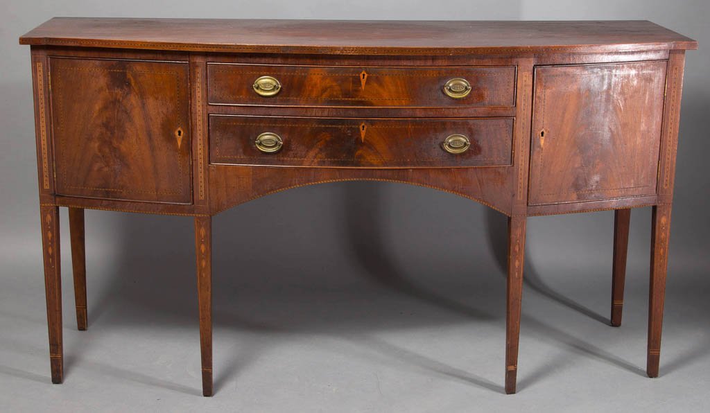 FEDERAL-STYLE INLAID MAHOGANY SIDEBOARD: FEDERAL-STYLE INLAID MAHOGANY SIDEBOARD, a well-constructed example with slightly bowed front, arched apron, and two center drawers flanked by two hinged doors concealing cabinets. Highly detailed inl