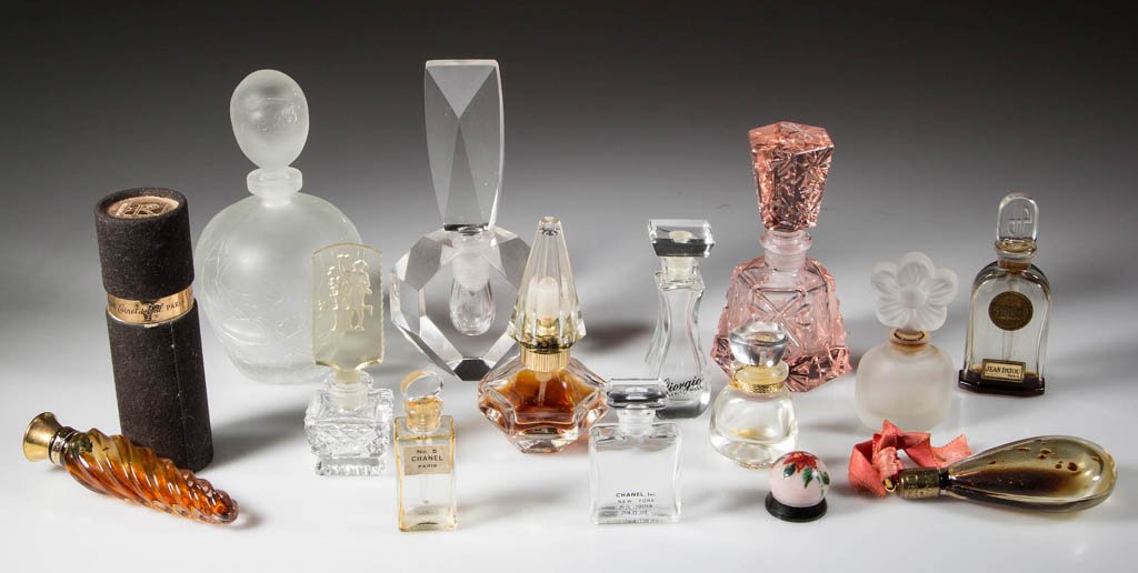 ASSORTED PERFUME BOTTLES, LOT OF 14: ASSORTED PERFUME BOTTLES, LOT OF 14, including two unmarked Czechoslovakian examples, one with intaglio stopper, two Chanel, Jean Patou, Paris, Giorgio, etc., one with original box. 1" to 4 7/8" HOA.