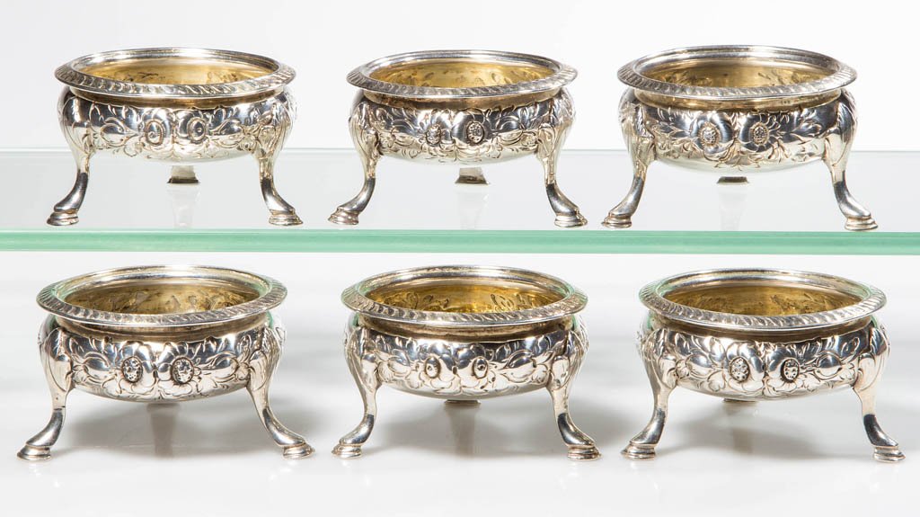 PHILADELPHIA, PENNSYLVANIA COIN SILVER MASTER SALTS,: PHILADELPHIA, PENNSYLVANIA COIN SILVER MASTER SALTS, SET OF SIX, each with floral pattern to body and raised on hoof feet, maker's mark for Robert Taylor and Robert D. Lawrie, and retailer mark for Ba