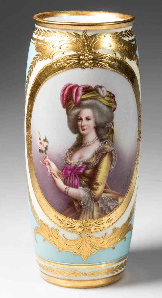 DRESDEN, GERMANY PORCELAIN PORTRAIT VASE: DRESDEN, GERMANY PORCELAIN PORTRAIT VASE, featuring a hand-painted image of Marie Antoinette in an oval reserve with artist signature lower right, extensive gilt embellishments, blue-overglaze mark fo