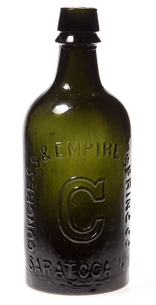 CONGRESS & EMPIRE SPRING CO. NEW YORK WATER BOTTLE: CONGRESS & EMPIRE SPRING CO. NEW YORK WATER BOTTLE, dark olive green, pint size, embossed "CONGRESS & EMPIRE SPRING CO" arched over "SARATOGA, N.Y." with centered "C" trade mark, applied sloping mouth