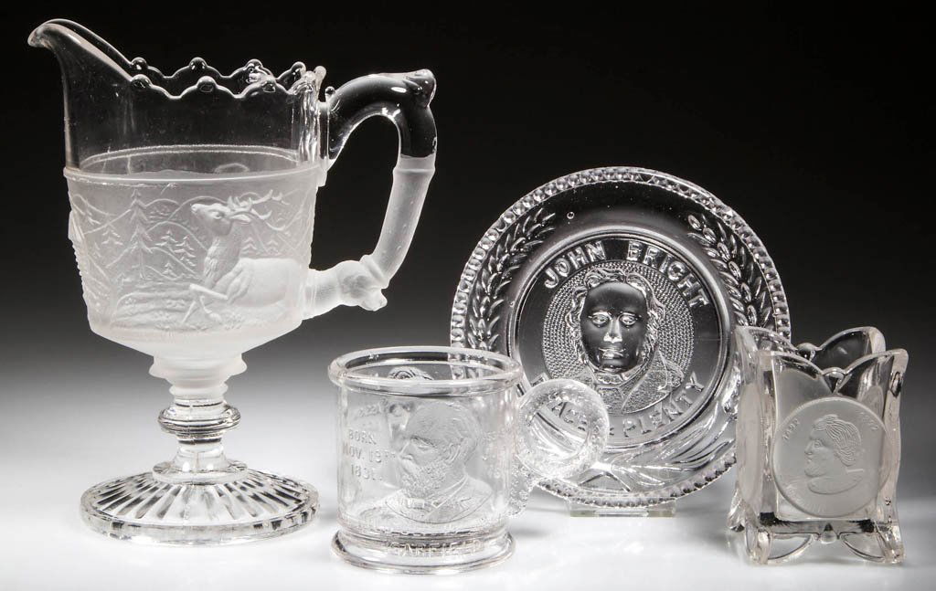 ASSORTED HISTORICAL ARTICLES, LOT OF FOUR: ASSORTED HISTORICAL ARTICLES, LOT OF FOUR, colorless, two with frosted elements, comprising a Garfield and Lincoln "Our Country's Martyrs" mug, a Columbian Coin toothpick holder, a "JOHN BRIGHT / PEAC