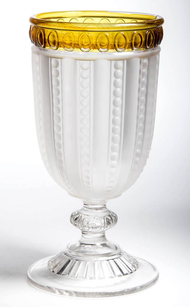 DUNCAN NO. 95 / GONTERMAN - AMBER-STAINED CELERY VASE: DUNCAN NO. 95 / GONTERMAN - AMBER-STAINED CELERY VASE, colorless and frosted. Geo. Duncan & Sons, Pittsburgh, PA. Circa 1887-1890. 7 3/4" H, 4" D. Literature: Bredehoft/Fogg/Maloney - Early Duncan Gla