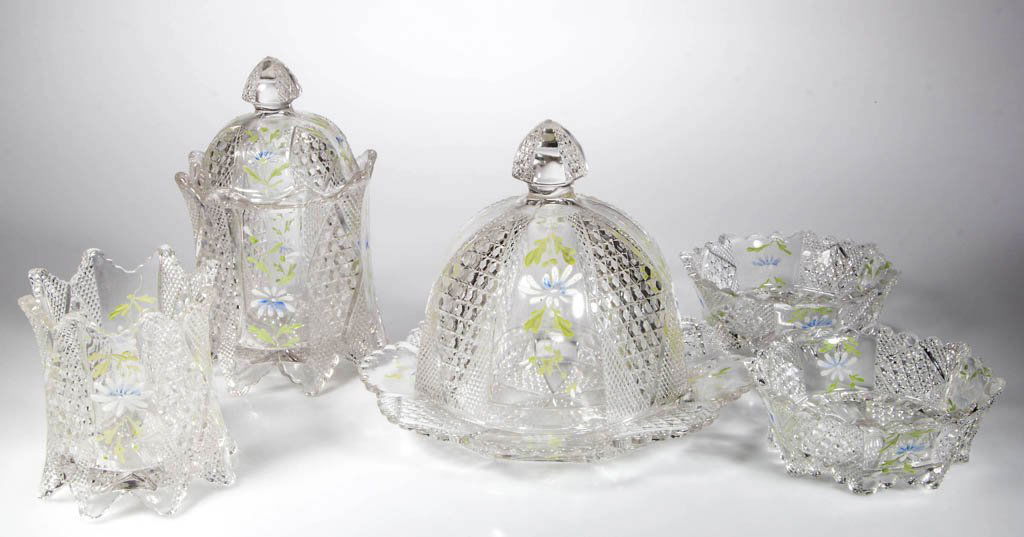FOSTORIA NO. 575 / CARMEN TABLE ARTICLES, LOT OF FIVE: FOSTORIA NO. 575 / CARMEN TABLE ARTICLES, LOT OF FIVE, colorless with polychrome-enamel floral decoration, including a covered butter dish and covered sugar. Fostoria Glass Co., Fostoria, OH. Circa 18