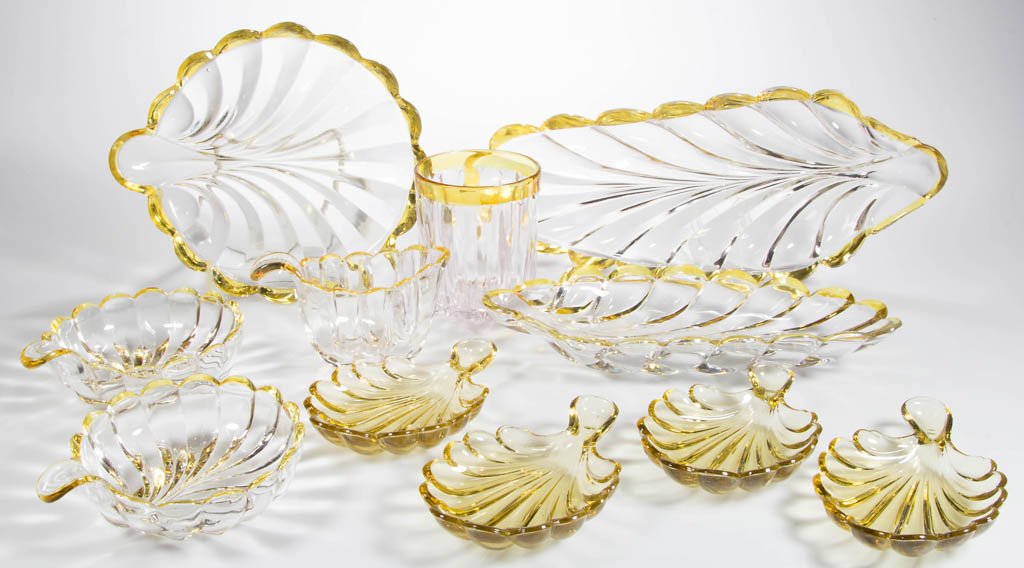 HOBBS NO. 334 / CRYSTALINA - AMBER-STAINED TABLE: HOBBS NO. 334 / CRYSTALINA - AMBER-STAINED TABLE ARTICLES, LOT OF 11, colorless, including a celery tray and creamer. Together with a Hobbs No. 337 tumbler. Eleven (11) pieces total. Hobbs, Brockunier