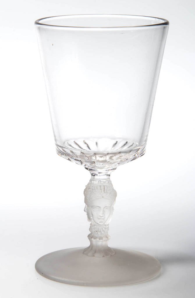 THREE FACE / DUNCAN NO. 400 (OMN) WINE: THREE FACE / DUNCAN NO. 400 (OMN) WINE, colorless and frosted. Geo. Duncan & Sons, Pittsburgh, PA. Circa 1878-1886. 4" H. Provenance: From the collection of Dr. Larry McCallister, Muncie, IN.