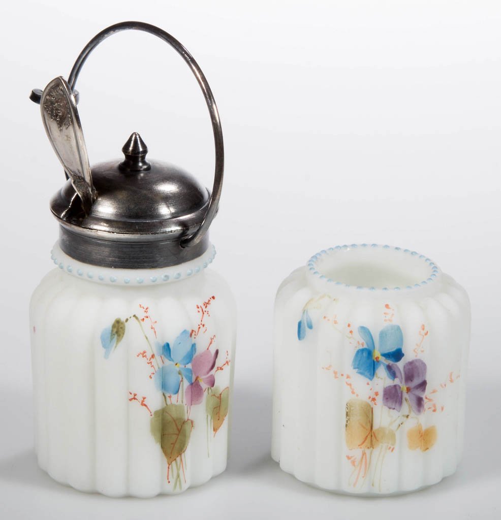 SMITH BROTHERS DECORATED PILLAR TOOTHPICK HOLDER AND: SMITH BROTHERS DECORATED PILLAR TOOTHPICK HOLDER AND MUSTARD POT, plush/satin finish opaque white with polychrome violet decorations, each with beaded rim, pot with quadruple-plate mount, hinged lid,