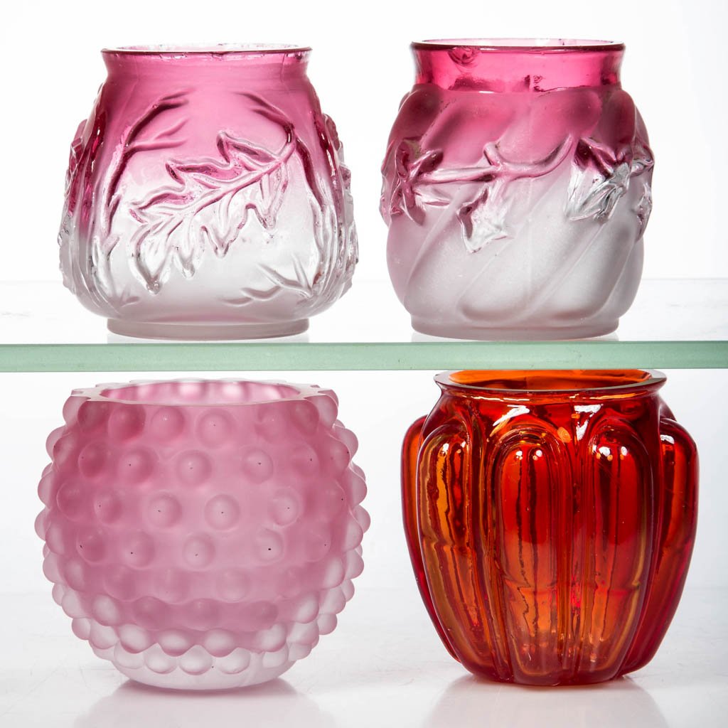 ASSORTED VICTORIAN TOOTHPICK HOLDERS, LOT OF FOUR: ASSORTED VICTORIAN TOOTHPICK HOLDERS, LOT OF FOUR, rubina with satin finish, amber-to-red, and rubina frosted, including a Royal Oak and a Royal Ivy, each by Northwood Glass Works, and a Bulging Loops