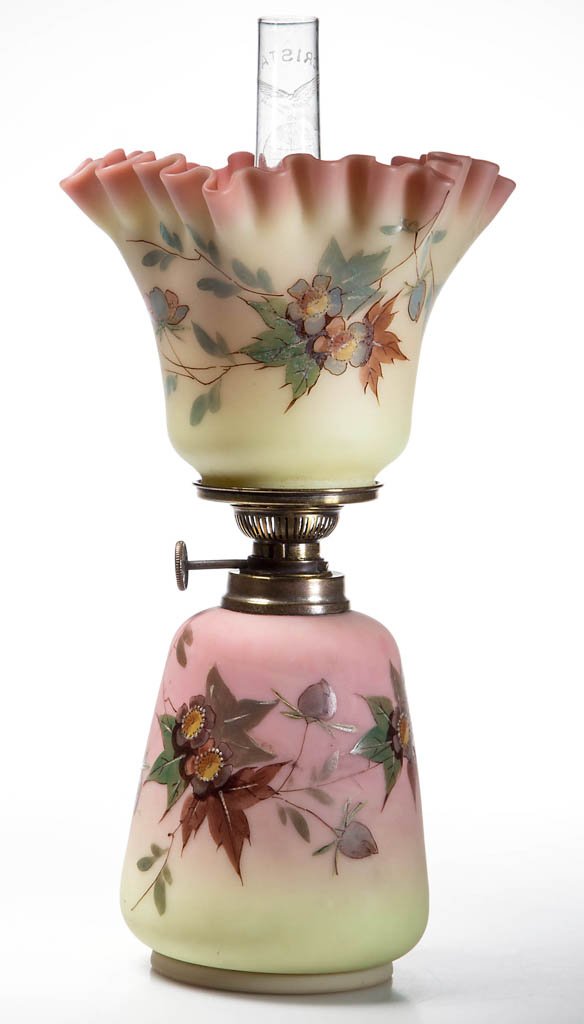 EXTREMELY RARE SIGNED "THOMAS WEBB" ART GLASS MINIATURE: EXTREMELY RARE SIGNED "THOMAS WEBB" ART GLASS MINIATURE OIL LAMP, Burmese with plush/satin finish, base has floral decoration in brown, yellow, green and orange. Matching ruffled-top shade with slight
