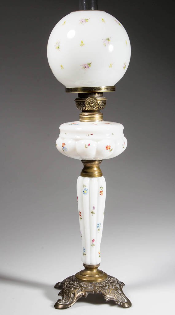 THREE-TIER JUNIOR BANQUET OIL LAMP: THREE-TIER JUNIOR BANQUET OIL LAMP, opaque white, with rust, blue, lavender, wine, yellow and green floral decorations. Ball shade has lavender, rust and green floral decoration. Period burner, shade