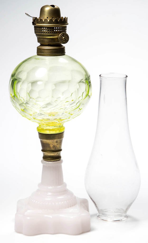 HONEYCOMB STAND LAMP: HONEYCOMB STAND LAMP, canary font, alabaster/clambroth Baroque base, brass connector, No. 1 single-rib collar. Fitted with a period setup comprising a No. 1 E. F. Jones lip burner, thumbwheel marked "