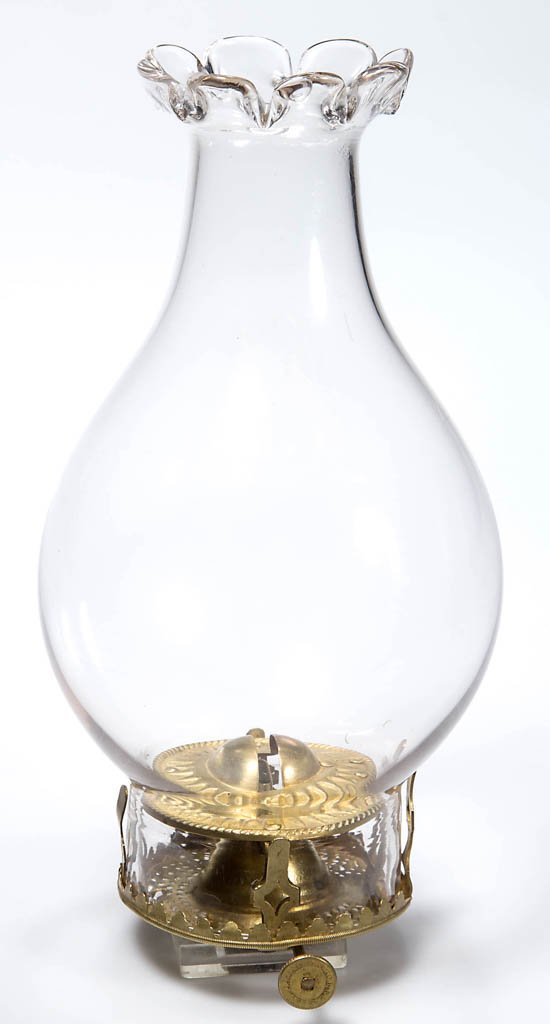 E. J. TOOF NO. 1 SLIP BURNER SETUP: E. J. TOOF NO. 1 SLIP BURNER SETUP, thumbwheel marked "BRISTOL BRASS & CLOCK CO", deflector embossed "TOOFS PATENT AUG. 11. 1868", period bulge slip chimney with large petal top. Circa 1868. 3" D. Pro