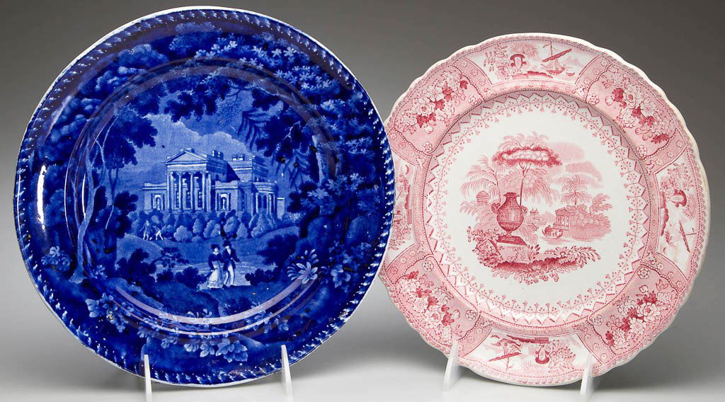 ENGLISH STAFFORDSHIRE POTTERY PEARLWARE PRINTED PLATES,: ENGLISH STAFFORDSHIRE POTTERY PEARLWARE PRINTED PLATES, LOT OF TWO, the first, a lightly-molded plate printed in deep blue in the "Villa in the Regent's Park London," by Adams, with impressed mark to