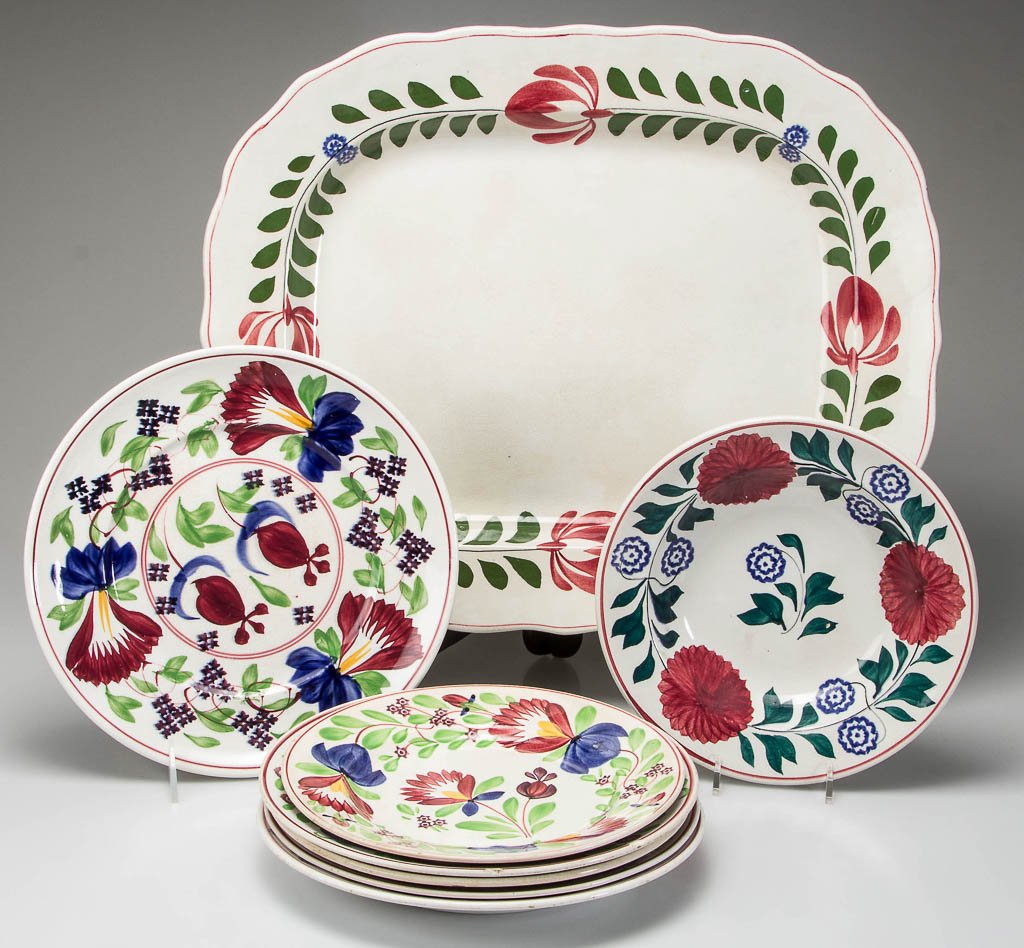 BRITISH AND CONTINENTAL IRONSTONE STICK-SPATTER: BRITISH AND CONTINENTAL IRONSTONE STICK-SPATTER TABLEWARE ARTICLES, LOT OF EIGHT, comprising six rimmed plates with various maker's marks and in various sizes, a rim soup plate and a large Britannia P