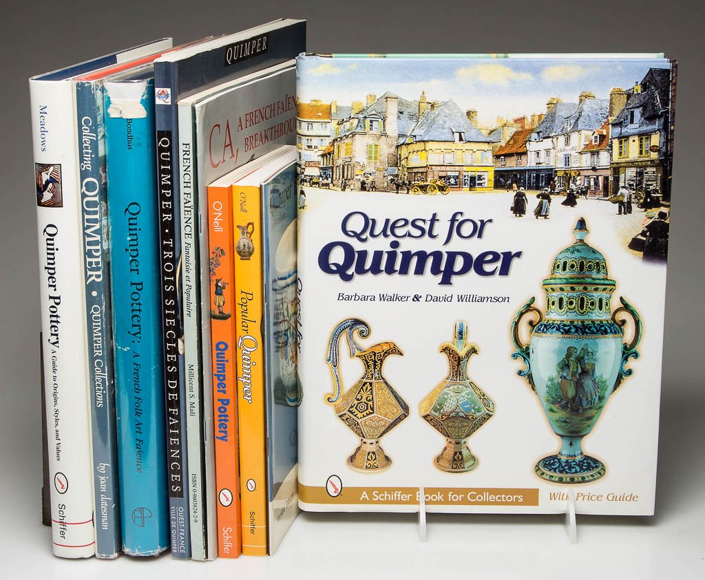 ASSORTED QUIMPER POTTERY REFERENCE VOLUMES, LOT OF TEN: ASSORTED QUIMPER POTTERY REFERENCE VOLUMES, LOT OF TEN, eight in English and two in French, including "Quest for Quimper", Walker/Williamson, "Quimper Pottery: A French Folk Art Faience", Bondhus, and