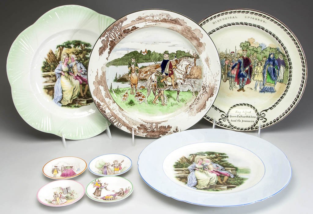 ENGLISH SHELLEY / LATE FOLEY CHINA HISTORICAL TABLE: ENGLISH SHELLEY / LATE FOLEY CHINA HISTORICAL TABLE ARTICLES, LOT OF EIGHT, assorted colors, with polychrome decoration, comprising four plates and four butter pats, including "HISTORICAL EPISODES / K