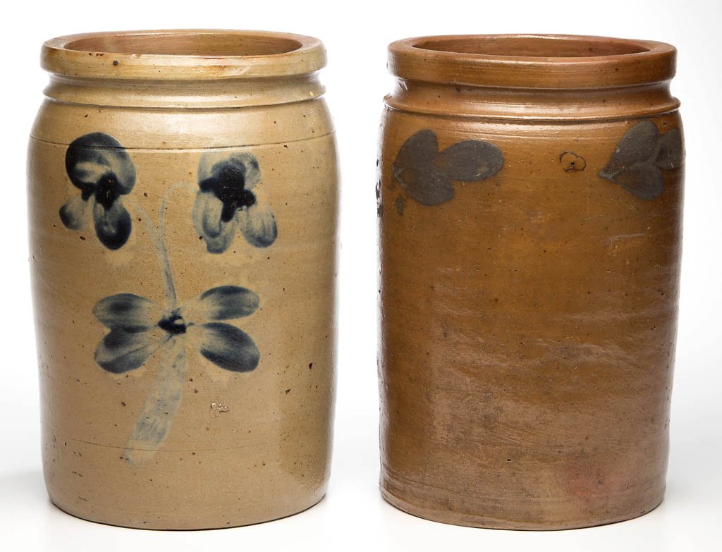 BALTIMORE, MARYLAND DECORATED STONEWARE JARS, LOT OF: BALTIMORE, MARYLAND DECORATED STONEWARE JARS, LOT OF TWO, salt-glazed, approximately half-gallon capacity, each of cylindrical form with collared square rim. Brushed cobalt floral and leaf decorations