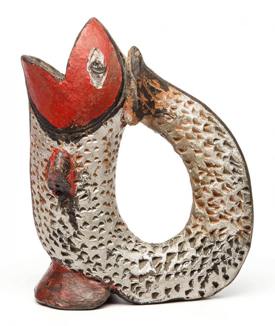 FOLK ART EARTHENWARE / REDWARE FIGURAL FISH PITCHER: FOLK ART EARTHENWARE / REDWARE FIGURAL FISH PITCHER, red, silver and black paint decorated, the tail forming the handle, with incised details to exterior, and unpainted/unglazed interior. Possibly Nat