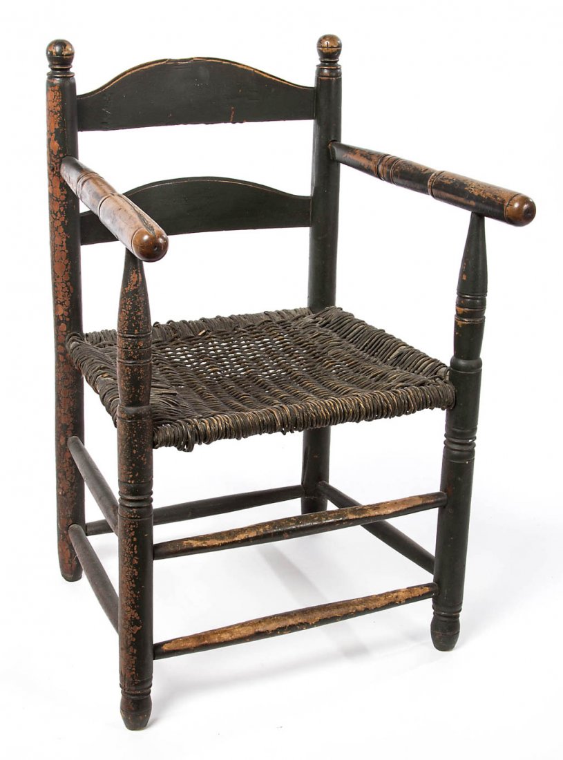VIRGINIA PAINTED LADDER-BACK ARMCHAIR: VIRGINIA PAINTED LADDER-BACK ARMCHAIR, probably maple and white oak/hickory, the turned rear posts with suppressed-ball finials incised with medial ring over turned arm rests above a likely later wove