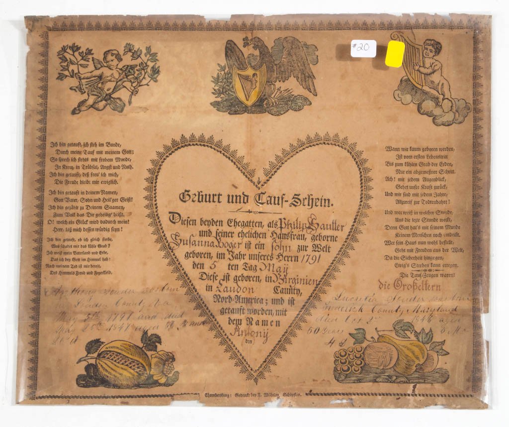 PENNSYLVANIA BIRTH AND BAPTISMAL CERTIFICATE: PENNSYLVANIA BIRTH AND BAPTISMAL CERTIFICATE, hand-colored engraving on paper, completed for Philip Sautter/Souder of Loudoun Co., VA, with design featuring eagle with shield and heart-shaped reserve.