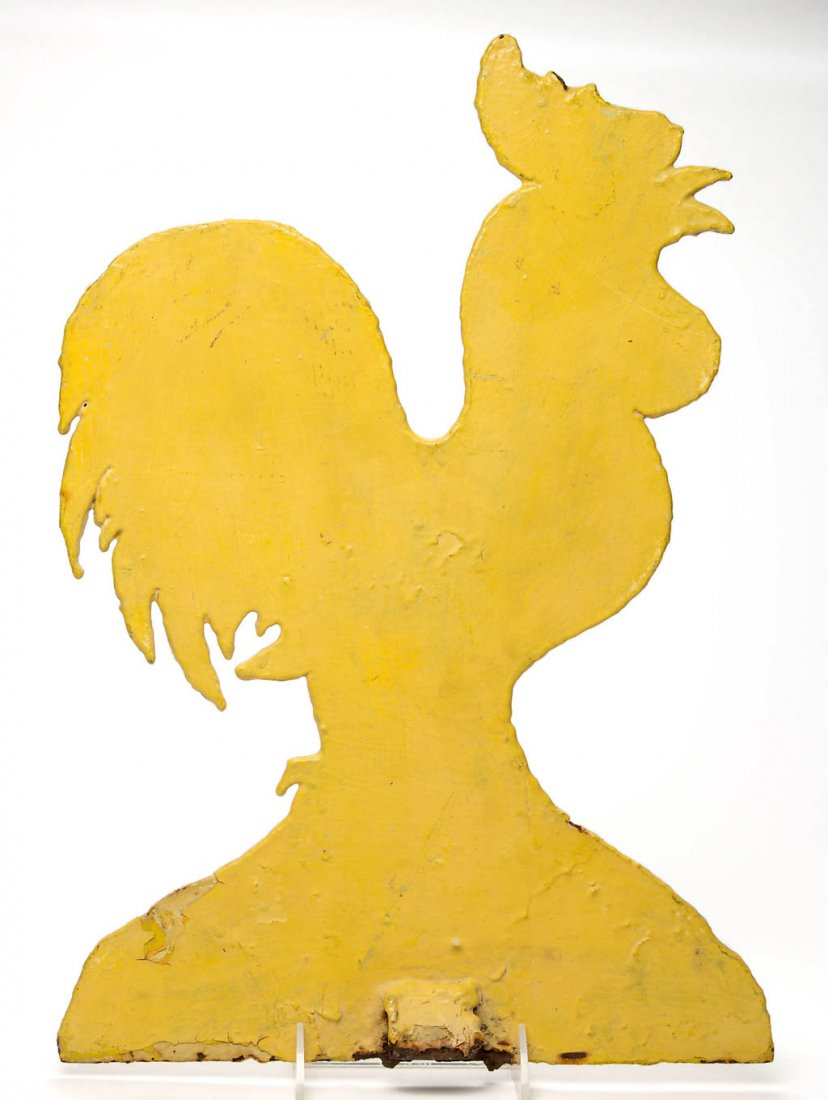 AMERICAN CUT-OUT IRON FIGURAL CARNIVAL TARGET: AMERICAN CUT-OUT IRON FIGURAL CARNIVAL TARGET, depicting a crowing rooster. Later yellow paint. Circa 1920-1930. 17" H, 12" W. Provenance: Property of a Shenandoah Valley private collector.
