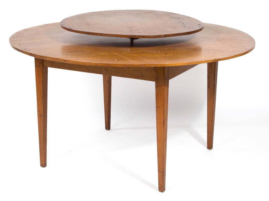 SOUTHERN MAPLE AND YELLOW PINE LAZY-SUSAN TABLE: SOUTHERN MAPLE AND YELLOW PINE LAZY-SUSAN TABLE, the circular top with upper rotating Lazy Suzan tray attached with iron bar and brace underneath, raised on square-tapered legs. Refinished surface wit