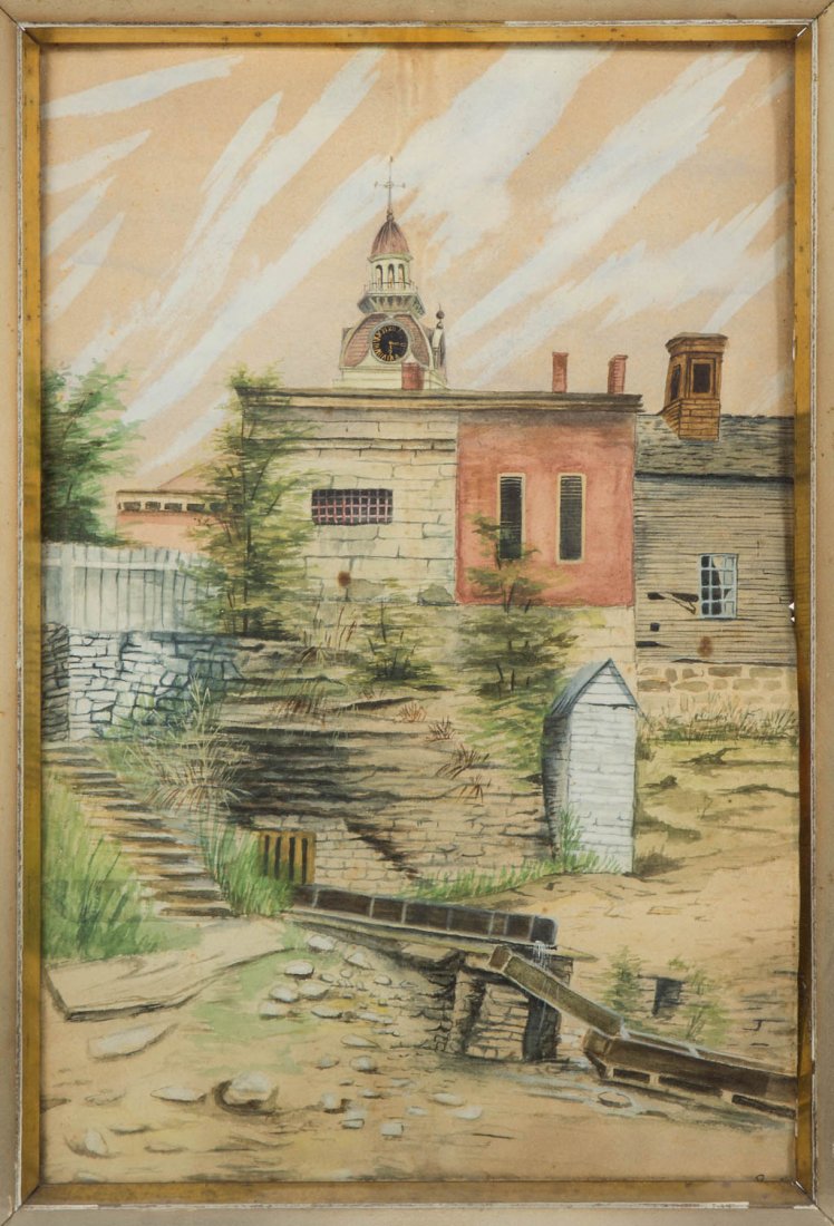 LUCY PEYTON (WEST VIRGINIA / KENTUCKY, 1870-1936) FOLK: LUCY PEYTON (WEST VIRGINIA / KENTUCKY, 1870-1936) FOLK ART PAINTING, watercolor on paper, an interesting naïve depiction of what is reported to be the back of the courthouse in Louisville, KY. Signed