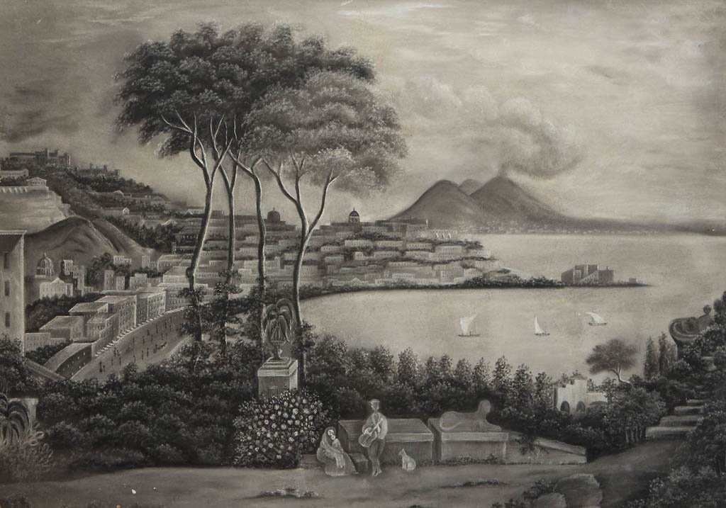 AMERICAN SCHOOL (19TH CENTURY) FOLK ART LANDSCAPE: AMERICAN SCHOOL (19TH CENTURY) FOLK ART LANDSCAPE DRAWING, charcoal on paper, a tranquil scene, likely based on a contemporaneous print, featuring a man with stringed instrument, serenading a woman, c