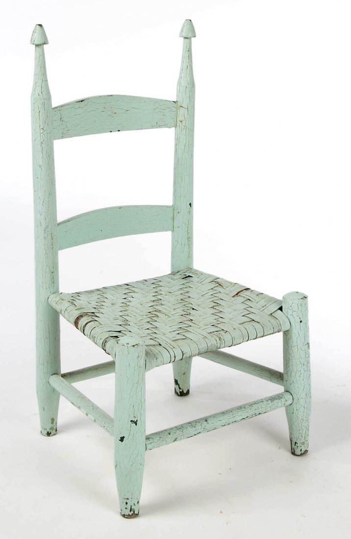 VIRGINIA PAINTED LADDER-BACK CHILD'S CHAIR: VIRGINIA PAINTED LADDER-BACK CHILD'S CHAIR, two slightly arched slats flanked by turned rear posts topped with exaggerated, mushroom-like finials over an early, possibly original, woven-splint seat, r
