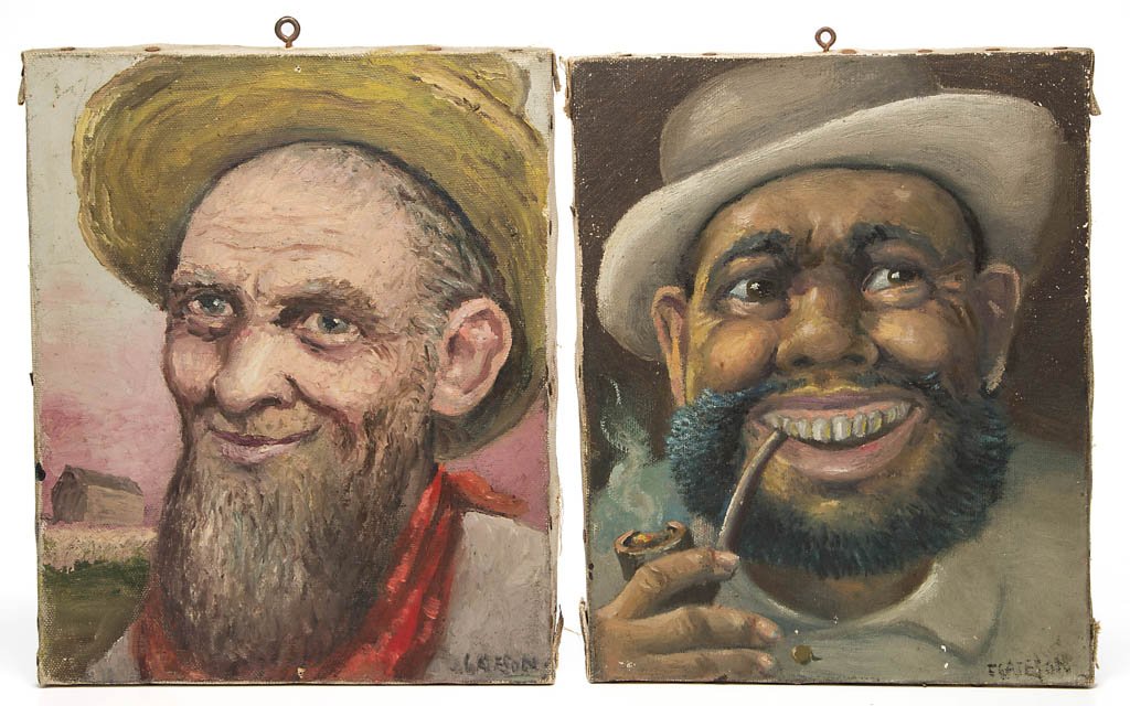 AMERICAN SCHOOL (EARLY 20TH CENTURY) PORTRAITS, LOT OF: AMERICAN SCHOOL (EARLY 20TH CENTURY) PORTRAITS, LOT OF TWO, oil on canvas (each), one example depicting a bearded farmer wearing hat and red handkerchief around neck with field and barn in background;