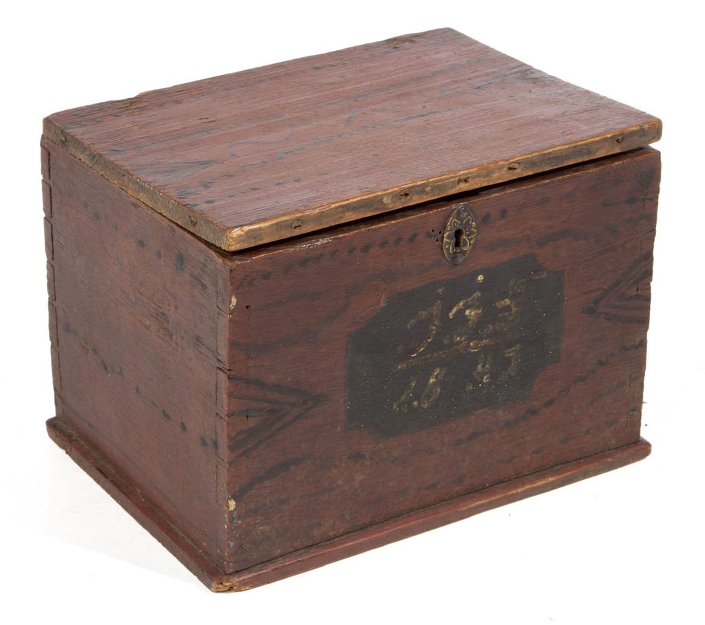 AMERICAN PAINT-DECORATED MINIATURE BLANKET CHEST: AMERICAN PAINT-DECORATED MINIATURE BLANKET CHEST, red with black triangles, dots and waves, lid with replaced snipe hinges, lacking original end cleats, over dovetailed box, interior fitted with lidde