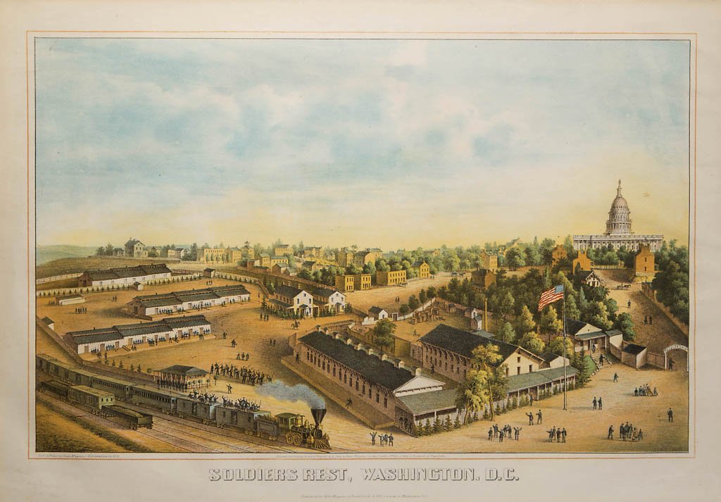 CHARLES MAGNUS (AMERICAN, 19TH CENTURY) PATRIOTIC CIVIL: CHARLES MAGNUS (AMERICAN, 19TH CENTURY) PATRIOTIC CIVIL WAR VETERAN'S PRINT, hand-colored lithograph on paper, titled "Soldier's Rest / Washington, D. C." bottom center. Professionally matted under gl