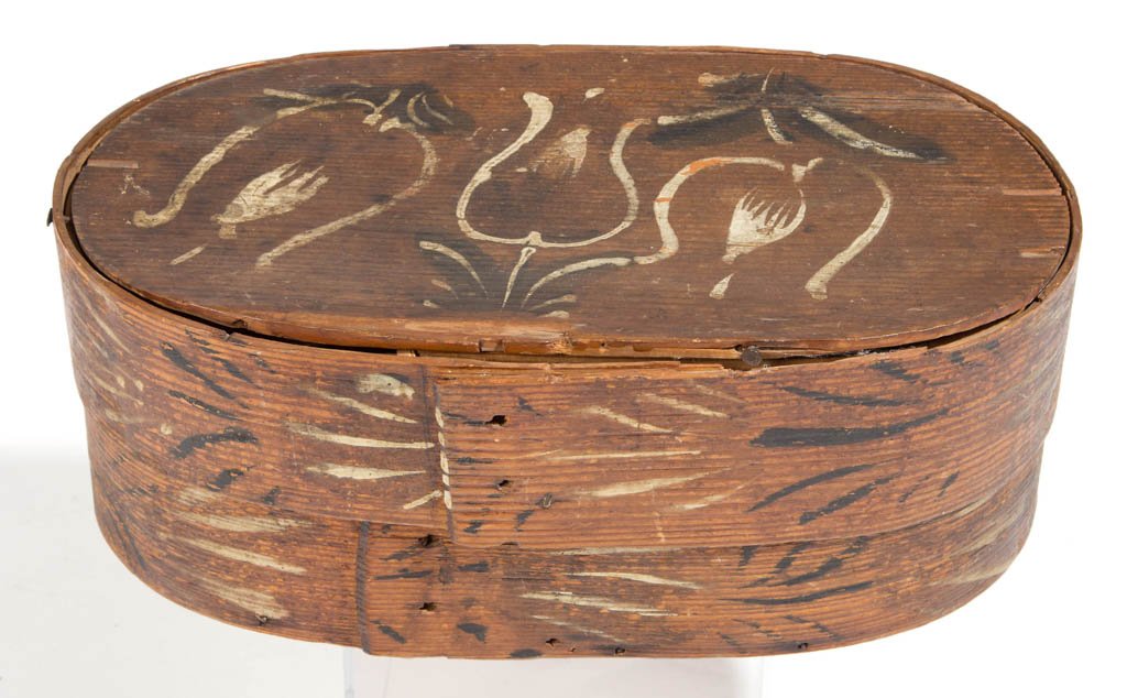 PAINT-DECORATED BENTWOOD BOX: PAINT-DECORATED BENTWOOD BOX, of lapped construction and with original painted-decoration featuring tulips on lid. Inscribed "Ephraim Gochenour / Shenandoah Co. / State of Virginia / 1833" in pencil t