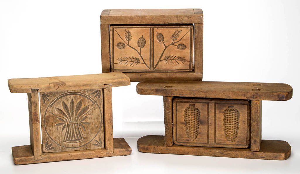 ASSORTED AMERICAN CARVED TREEN BUTTER MOLDS, LOT OF: ASSORTED AMERICAN CARVED TREEN BUTTER MOLDS, LOT OF THREE, rectangular forms, foliate patterns comprising a wheat sheaf, and two side-by-side including an ear of corn and a foliate branch, various con