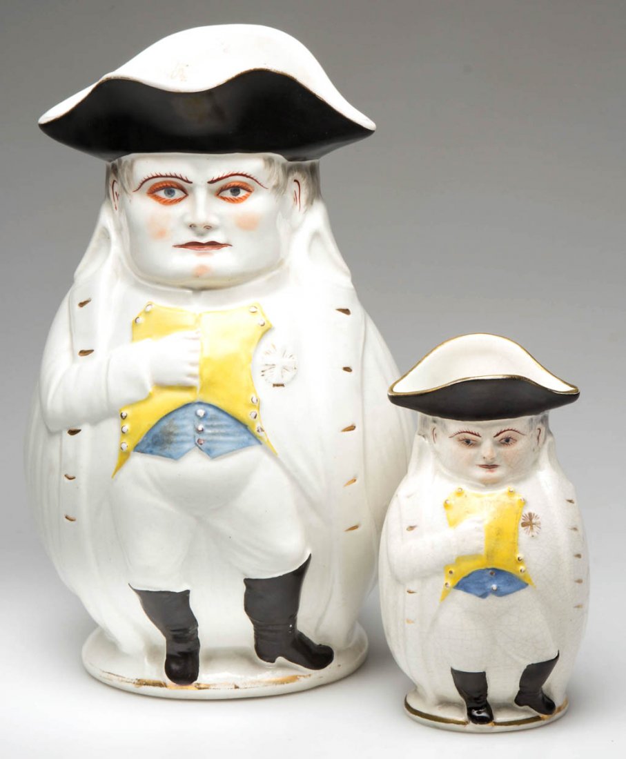 AMERICAN MORRIS & WILLMORE, TRENTON NEW JERSEY: AMERICAN MORRIS & WILLMORE, TRENTON NEW JERSEY (COLOMBIA ART POTTERY) TOBY JUGS, LOT OF TWO, comprising a large and a small example, depicting William McKinley portraying Napoleon Bonaparte, each with
