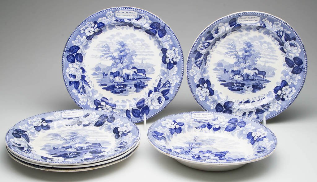 ENGLISH STAFFORDSHIRE POTTERY "JESSE BROWN WASHINGTON: ENGLISH STAFFORDSHIRE POTTERY "JESSE BROWN WASHINGTON CITY" TRANSFERWARE PLATES, LOT OF SIX, blue prints, pastoral scenes with cattle, horses and sheep, comprising five matching plates and a similar s