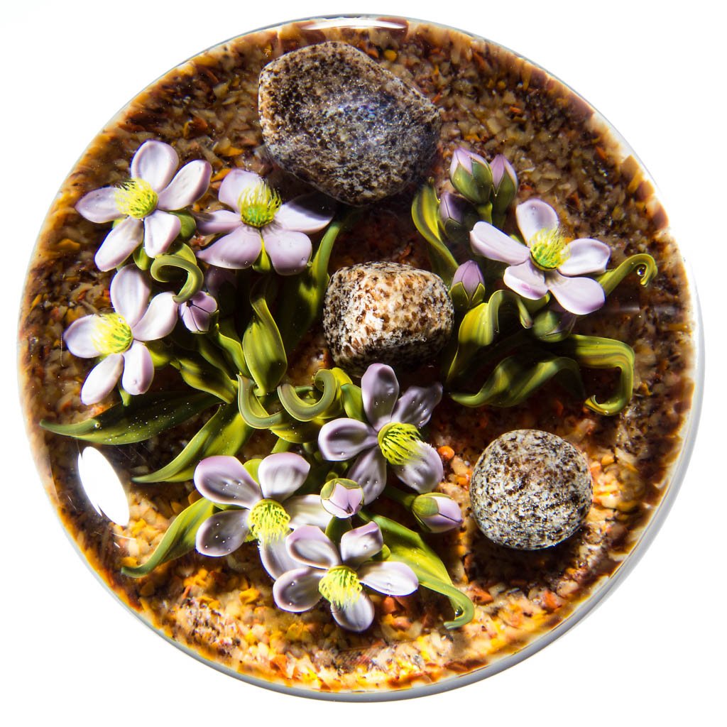 GORDON SMITH STUDIO ART GLASS LAMPWORK PAPERWEIGHT: GORDON SMITH STUDIO ART GLASS LAMPWORK PAPERWEIGHT, depicting a desert scene with lavender flowers, signed with signature "GS" cane, dated, numbered 16. 1997. 3" D. Provenance: From a private collecti