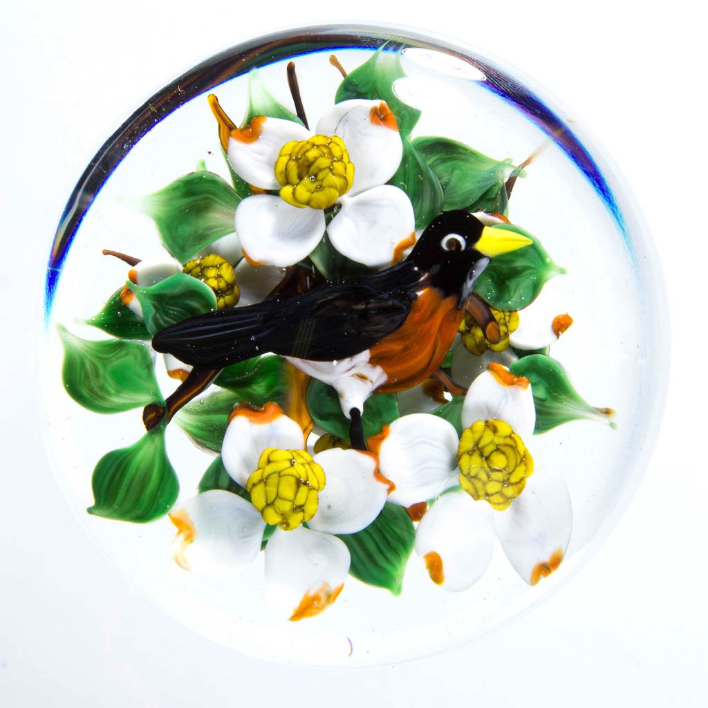 RICK AYOTTE STUDIO ART GLASS LAMPWORK MAGNUM: RICK AYOTTE STUDIO ART GLASS LAMPWORK MAGNUM PAPERWEIGHT, depicting floral designs with brown bird, signed "Ayotte/60-75/'89." 1989. 3 1/2" D. Provenance: From a private collection.