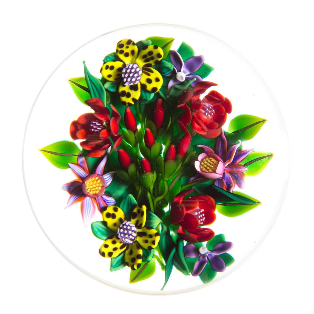 KEN ROSENFELD STUDIO ART GLASS LAMPWORK PAPERWEIGHT: KEN ROSENFELD STUDIO ART GLASS LAMPWORK PAPERWEIGHT, floral decoration, signed and dated, signature "R" cane visible. 1992. 3 1/4" D. Provenance: From a private collection.