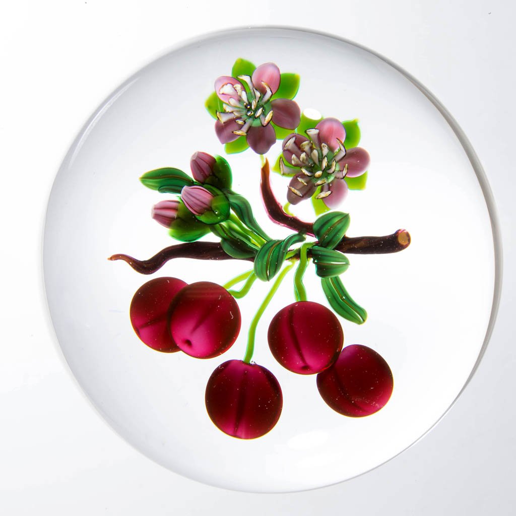 KEN ROSENFELD STUDIO ART GLASS LAMPWORK PAPERWEIGHT: KEN ROSENFELD STUDIO ART GLASS LAMPWORK PAPERWEIGHT, depicting cherries and blossoms, signed and dated, signature "R" cane visible. 1998. 3 1/4" D. Provenance: From a private collection.