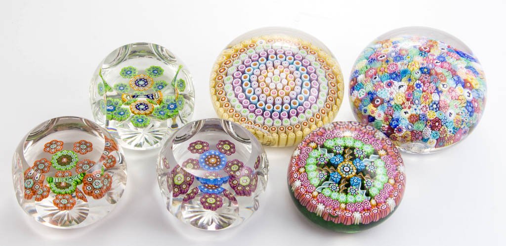 CONTEMPORARY PERTHSHIRE MILLEFIORI PAPERWEIGHTS, LOT OF: CONTEMPORARY PERTHSHIRE MILLEFIORI PAPERWEIGHTS, LOT OF THREE, each Millefiori Rosettes in an edition of 200. Together with three damaged Perthshire weights. Six pieces total. Fourth quarter 20th cent