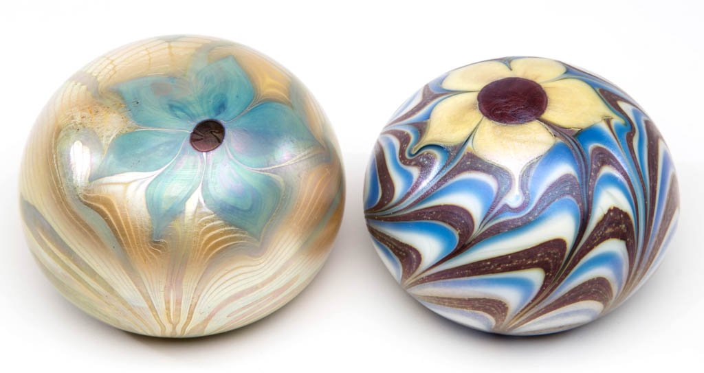 ORIENT AND FLUME STUDIO ART GLASS PAPERWEIGHTS, LOT OF: ORIENT AND FLUME STUDIO ART GLASS PAPERWEIGHTS, LOT OF TWO, each with floral design, signed, and numbered. Fourth quarter 20th century. Both 2 3/4" D.