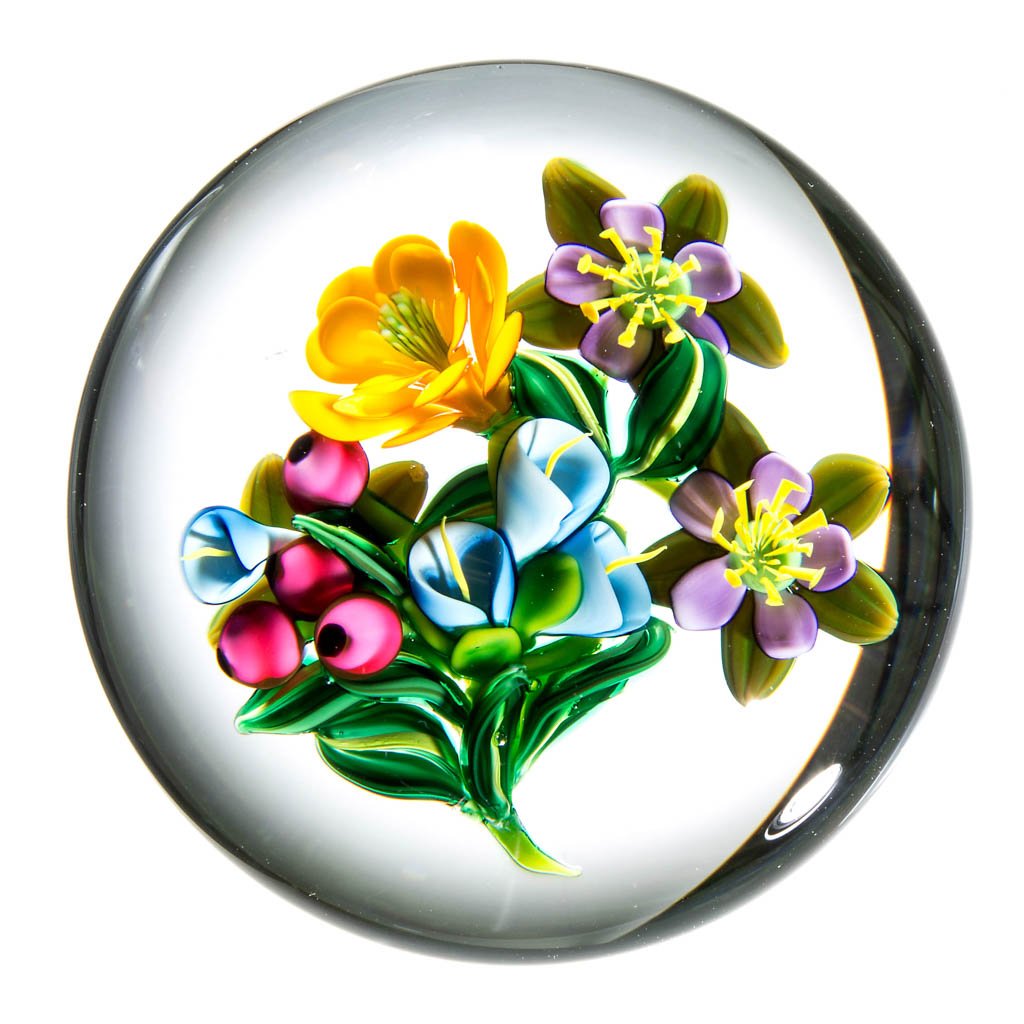 KEN ROSENFELD STUDIO ART GLASS LAMPWORK PAPERWEIGHT: KEN ROSENFELD STUDIO ART GLASS LAMPWORK PAPERWEIGHT, floral decoration, signature "R" cane visible, signed and dated. 1996. 2 3/4" D. Provenance: From a private collection.