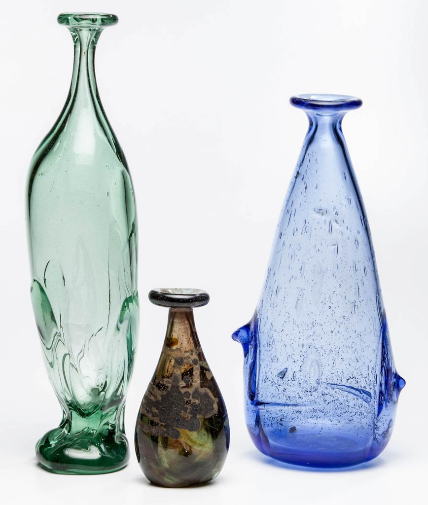 ASSORTED EARLY STUDIO ART GLASS FREE-FORM VASES, LOT OF: ASSORTED EARLY STUDIO ART GLASS FREE-FORM VASES, LOT OF THREE, blue, brown, and green, comprising a Larry Sell blue vase, a Ron Boling green vase, and a Roger Sell silver-nitrate vase. Each piece is s