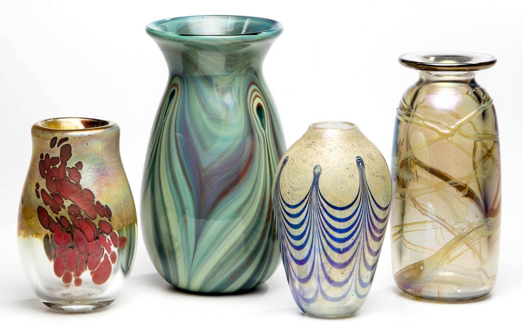 ASSORTED STUDIO ART GLASS VASES, LOT OF FOUR: ASSORTED STUDIO ART GLASS VASES, LOT OF FOUR, various colors, comprising a Leon Applebaum swirled vase, an R. Luttrel looped vase, a Maytum Studios iridized vase, and a Rick Strini pulled feather styl