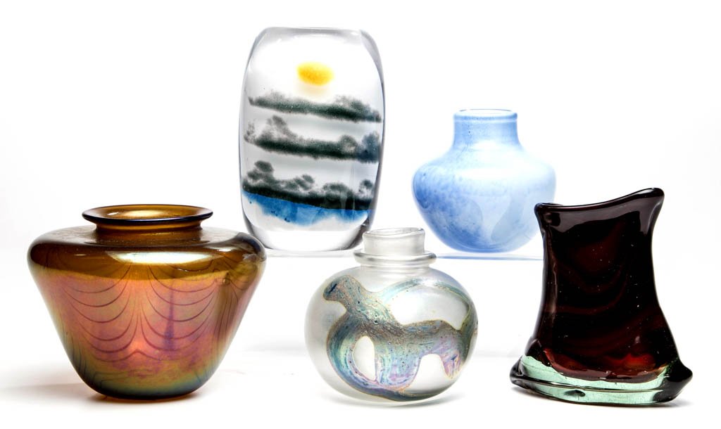 ASSORTED STUDIO ART GLASS VASES, LOT OF FIVE: ASSORTED STUDIO ART GLASS VASES, LOT OF FIVE, various colors, including a J. Hoegberg sunrise decorated vase, a Louis Curiel iridescent looped vase, and a Vitrix white and blue vase. Each piece is sig