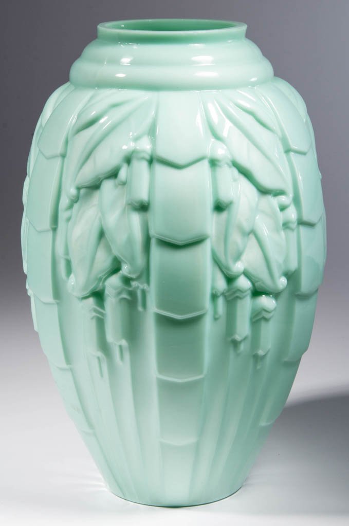 MULLER FRERES ART DECO VASE: MULLER FRERES ART DECO VASE, jadite, vase is made in an art deco style with drapery decoration. Signed under the foot "Muller Freres/Luneville/France." Mid 20th century. 11 1/8" H. Provenance: From th