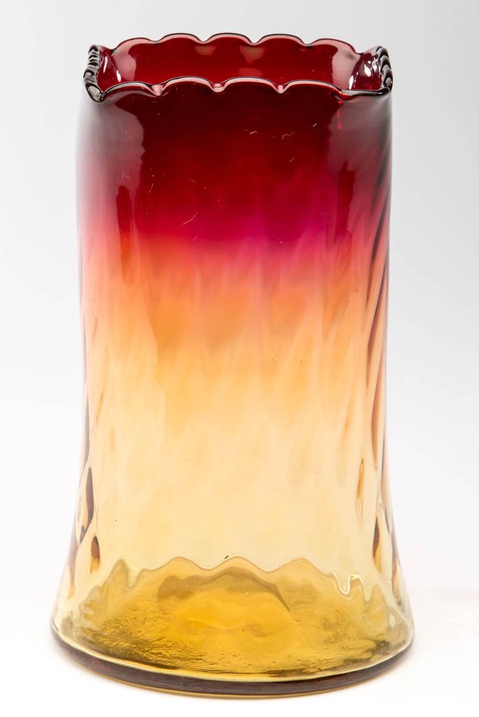 AMBERINA DIAMOND-OPTIC CELERY VASE: AMBERINA DIAMOND-OPTIC CELERY VASE, square scalloped rim, polished pontil mark. Probably W. L. Libby & Sons. Late 19th/early 20th century. 6 1/4" H, 3 1/4" SQ rim.