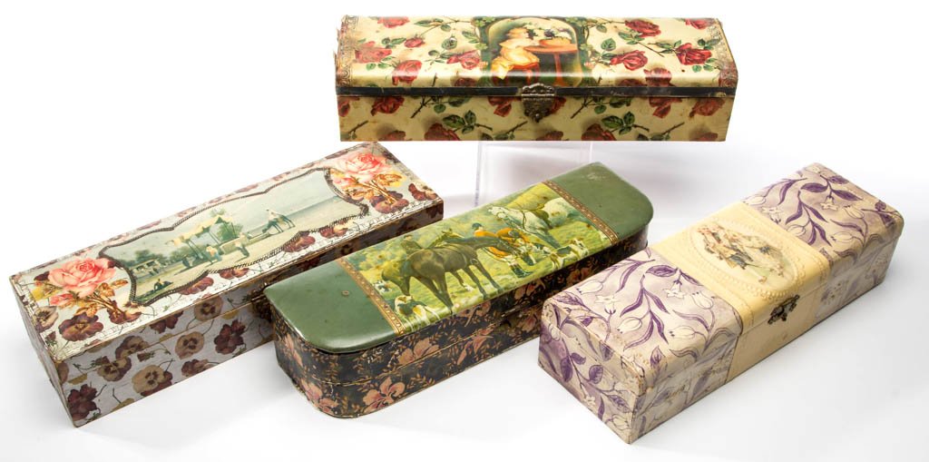 VICTORIAN CELLULOID GLOVE BOXES, LOT OF FOUR: VICTORIAN CELLULOID GLOVE BOXES, LOT OF FOUR, each depicting figures, one with fox hunting scene, each with original clasp, three with original interior fabric lining. Late 19th/early 20th century. 12