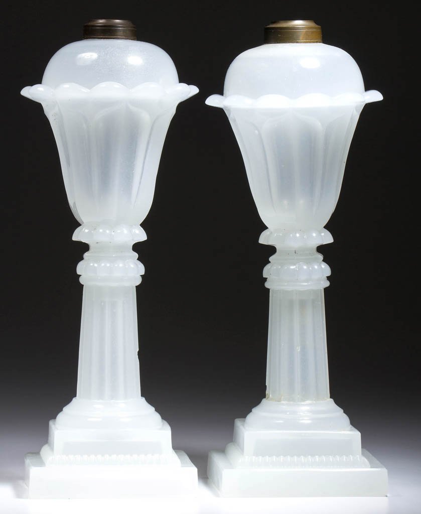PRESSED TULIP AND COLUMN FLUID STAND LAMP: PRESSED TULIP AND COLUMN FLUID STAND LAMP, alabaster/clambroth with just a hint of a sanded finish, dome-top font with 12 protruding petals below the shoulder and a short hexagonal lower extension wit